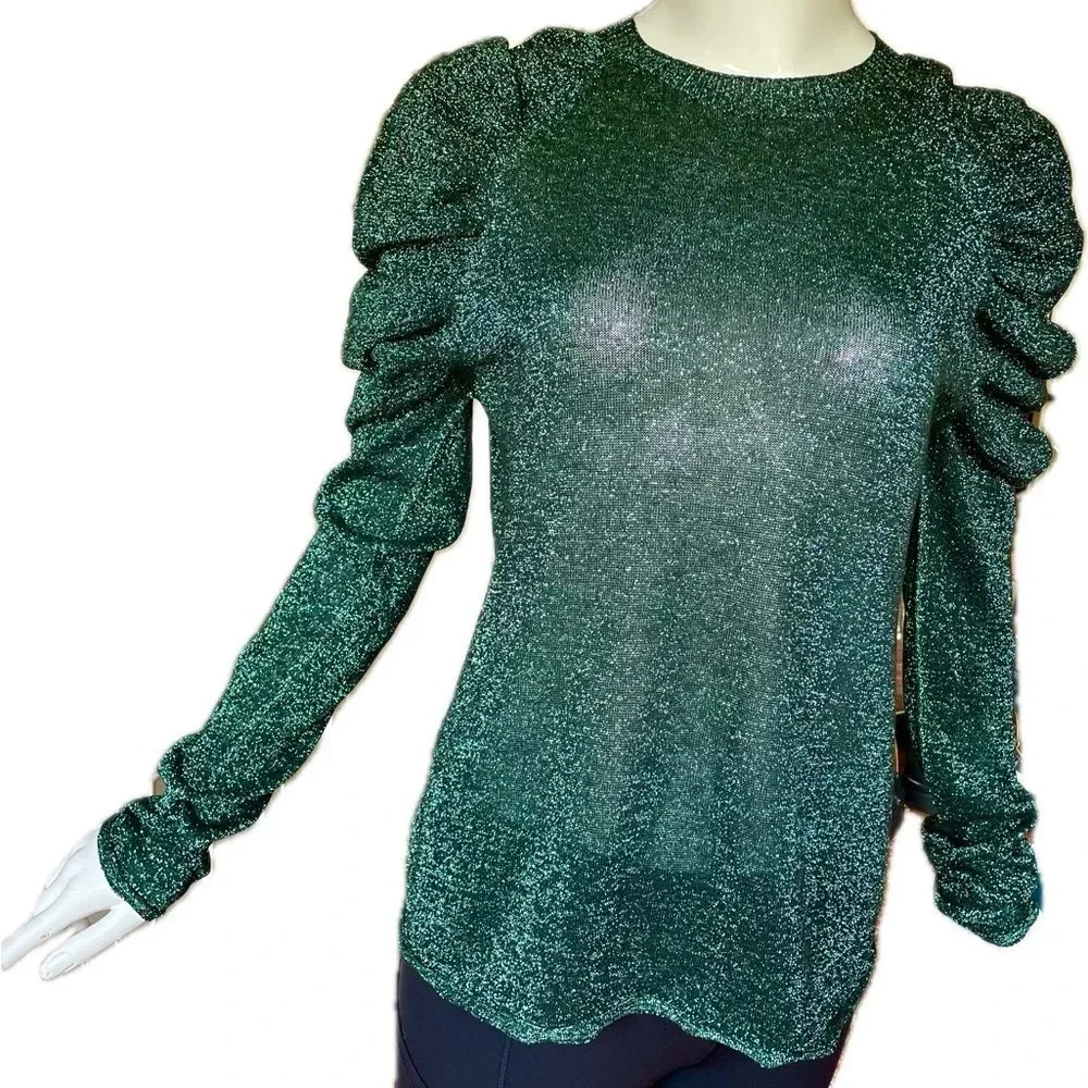 Circus Hotel Sweater Top Sparkle Black With Green Sparkle Sheer Long Sleeve Sz 8